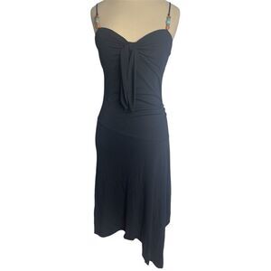Vintage 90s Express Dress Asymmetrical Black Beaded Bow Boho Vacation MIDI